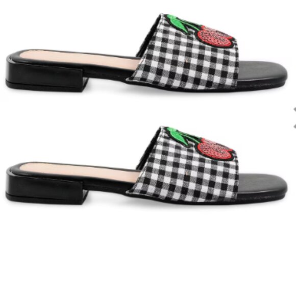 Gingham & Red Cherry Slide Sandals - Size 7 - Picture 2 of 2